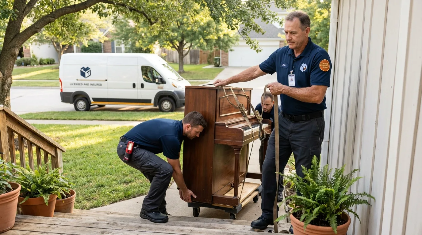 Licensed piano movers securing grand piano in Leland, NC